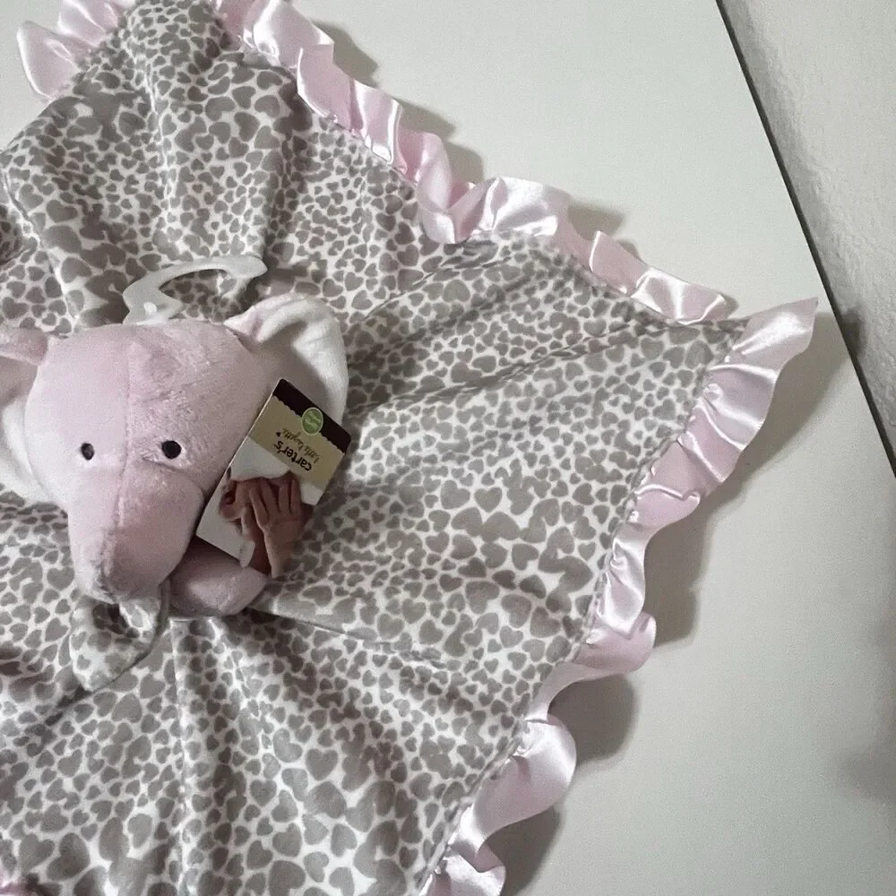 Carter's Pink Elephant Heart Cheetah Print Security Blanket Lovey Satin Trim NWT